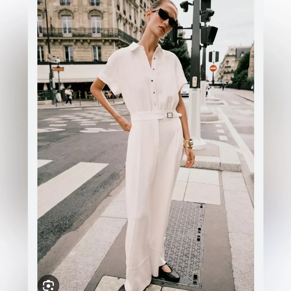 Zara NWT wide leg belted jumpsuit ecru 3278/957